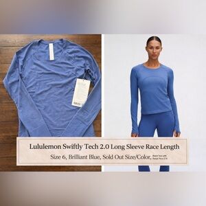 Lululemon Swiftly Tech 2.0 Long Sleeve Race Length Size 6 Blue NWT